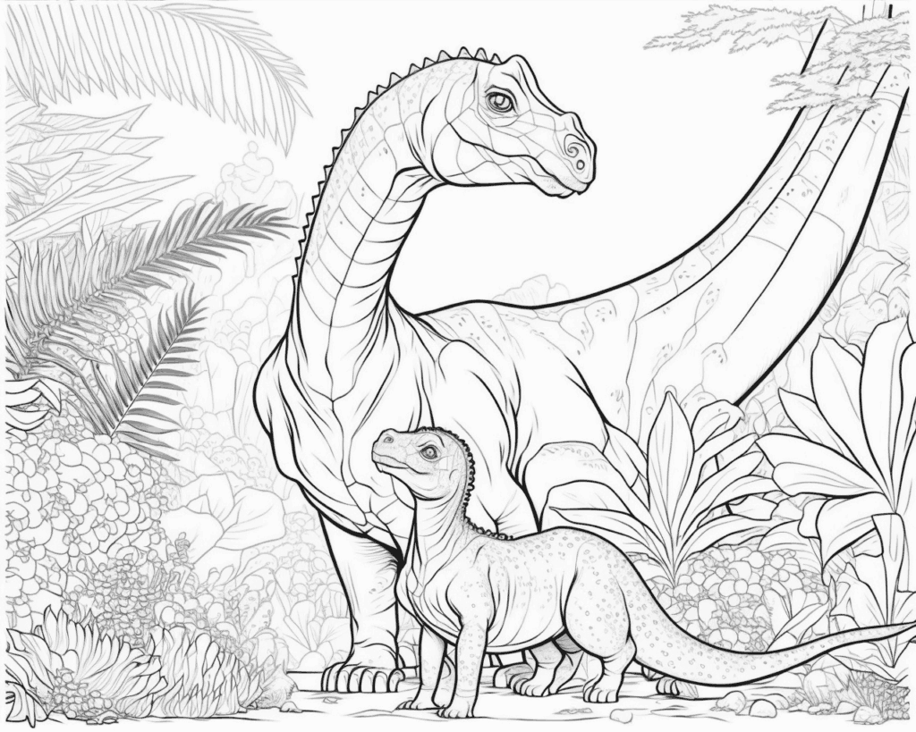 Színező egy hosszú nyakú dinoszaurusszal és a kicsinyével az őserdőben